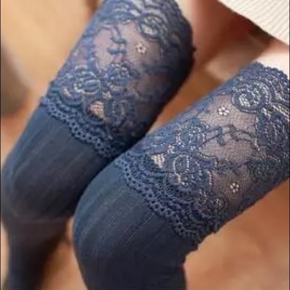 'All Laced Up' Blue Knee High Lace Ribbed Socks - Picture 5 of 8